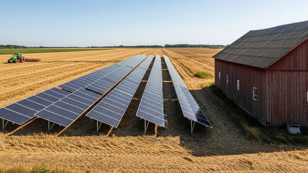 A field of solar panels is installed in neat rows on a dry, harvested field, adjacent to a rustic wooden barn and a distant tractor, under a clear blue sky.の素材