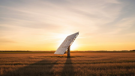 A solitary solar panel stands angled in a field of dry, golden grass during a warm sunset, casting a long shadow under a sky filled with soft orange and yellow hues.の素材