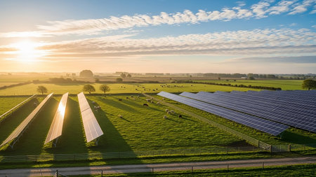 Sheep graze peacefully in a lush green field dotted with trees, with rows of solar panels reflecting the warm light of the rising sun.の素材