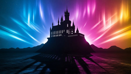 The dark silhouette of a grand castle on a hill is dramatically set against a vibrant, colorful aurora borealis sky with reflections on the water below.の素材