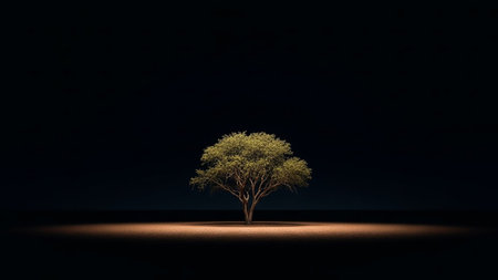 A single, vibrant green tree is dramatically illuminated by a spotlight on dark ground, creating a stark contrast.の素材