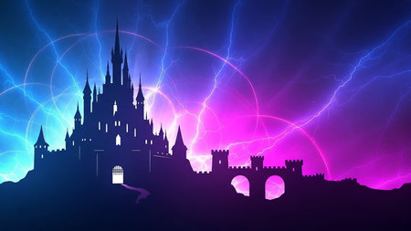 A dark silhouette of a grand fantasy castle stands against a backdrop of electric blue and vibrant purple lightning and swirling energy.の素材