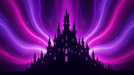 The dark silhouette of a grand, spooky castle stands against a dramatic and vibrant sky filled with swirling purple and pink aurora lights.の素材