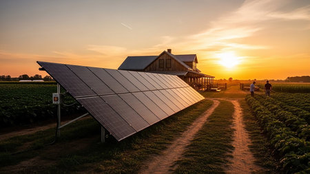 Solar panels are positioned in a farm field at sunset, with a rustic house and two figures working in the distance.の素材
