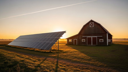 Warm showing solar panels and wooden barn bathed in golden sunset light keywords: solar panels, solar energy, renewable energy, sustainable energy, clean energy, alternative energy, photovoltaic,...の素材