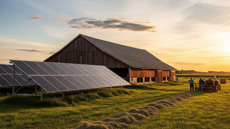 Solar panels are positioned in a grassy field near a wooden barn, where two people and a tractor are visible at dusk.の素材