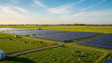 A wide view of a solar panel farm situated in a lush green field where cows and sheep are grazing under a bright blue sky.の素材