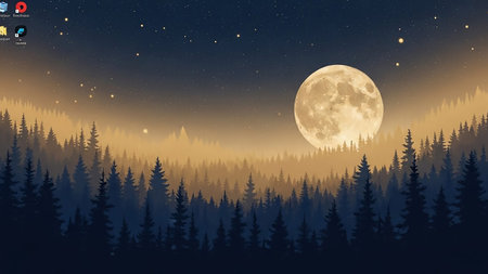 A stylized dark forest silhouette against a night sky featuring a large, glowing full moon and scattered stars.の素材