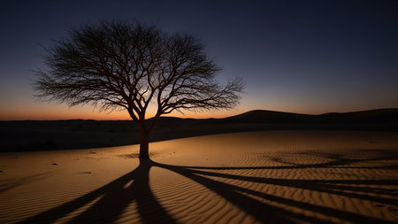 A solitary, bare tree stands silhouetted against a dusky desert sky, casting long, dramatic shadows across the rippled sand.の素材