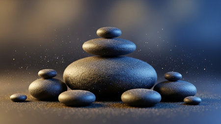 Stacked dark grey zen stones arranged for balance and harmony, with glittering sparkles and soft, atmospheric lighting against a dark background.の素材