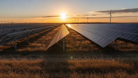 A solar panel farm and wind turbines are silhouetted against a golden sunset sky, with rows of solar panels stretching into the distance.の素材