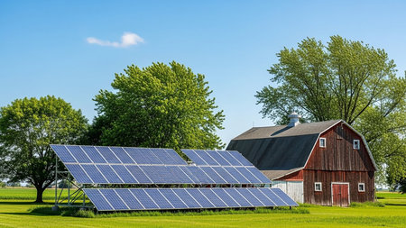 A pair of solar panel arrays sits on green grass in front of a weathered red barn, surrounded by lush trees under a clear blue sky.の素材