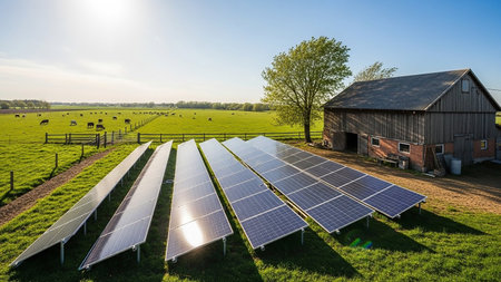 Solar panels are set up in a lush green field with cows grazing in the distance and a rustic barn to the side.の素材