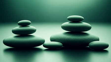 Two stacks of smooth, green zen stones are arranged on a reflective surface, bathed in soft, atmospheric lighting, conveying a sense of calm.の素材