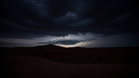 A dark desert landscape is dramatically lit by a surreal, swirling vortex of light in the stormy night sky, creating an eerie atmosphere.の素材
