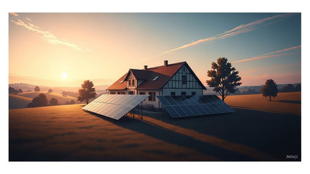 A traditional house with solar panels installed in a grassy field during a warm sunset, with rolling hills and trees in the background.の素材