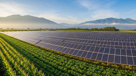 A wide expanse of solar panels stretches across a field, bordered by a vibrant green cornfield. Distant mountains are visible under a bright blue sky.の素材