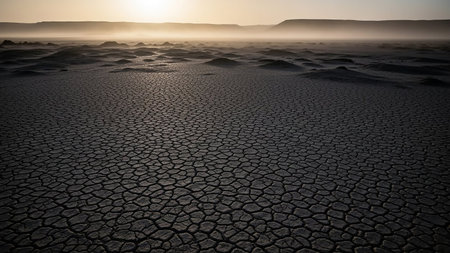 A wide expanse of cracked, dry earth stretches towards a hazy horizon under a soft sunset sky.の素材