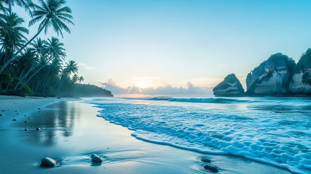 A serene tropical beach at sunrise with palm trees lining the shore, calm ocean waves gently lapping the sand, and rocky islands in the distance.の素材