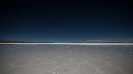 Under showing vast salt flat under a starry night sky with cracked earth texture. High resolution image suitable for commercial use.の素材