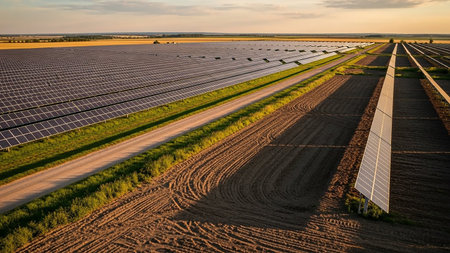 An expansive solar farm stretches across the horizon under a warm golden sunset, bordered by agricultural fields and a dirt road.の素材