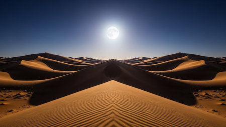 A perfectly symmetrical desert landscape features golden sand dunes under a bright full moon and a clear blue sky.の素材