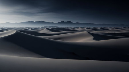 Rolling sand dunes stretch towards distant mountains under a dark, moody twilight sky with subtle cloud formations and soft light.の素材