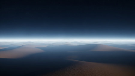 Rolling sand dunes stretch towards a hazy horizon under a dark blue starry sky, creating a serene and vast desert landscape at twilight.の素材