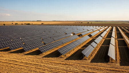 An expansive solar farm with numerous rows of solar panels stretches across a dry, harvested field bathed in the warm light of a sunset.の素材