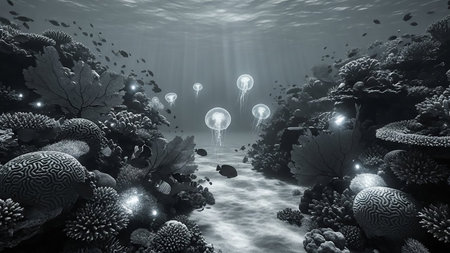 A monochrome underwater scene depicts glowing jellyfish floating above a detailed coral reef teeming with small fish and aquatic plants, illuminated by light rays from above.の素材