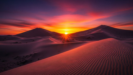 A dramatic desert sunset paints the sky in vibrant hues of orange, red, and purple over rolling sand dunes with sunburst rays.の素材