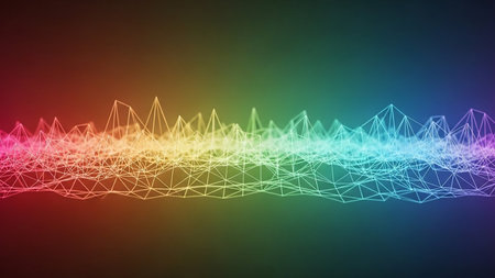 A colorful wireframe sound waveform visualization displays a vibrant rainbow spectrum against a dark gradient background, representing audio data.の素材