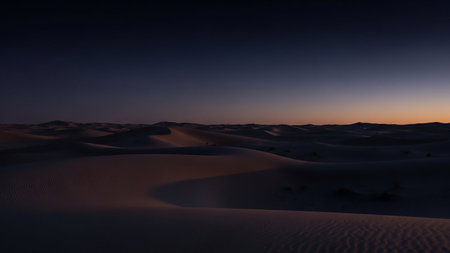 Expansive desert sand dunes stretch towards the horizon under a deep blue twilight sky with a few faint stars visible.の素材