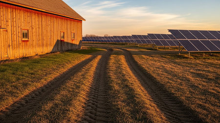 A weathered wooden barn casts long shadows across a field with tire tracks, leading towards a distant solar panel installation during golden hour.の素材