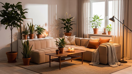 A beige sectional sofa is adorned with pillows and a throw blanket in a cozy living room filled with various potted plants and a wooden coffee table.の素材