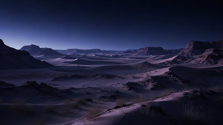 A wide expanse of desert landscape with rolling sand dunes and distant rocky formations under a deep blue night sky.の素材