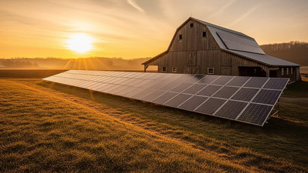 A weathered wooden barn stands beside a solar panel array in a sun-drenched field during the golden hour of sunrise.の素材