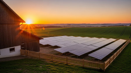A rural landscape with a solar panel array and a wooden barn, bathed in the warm glow of a sunrise over green fields.の素材