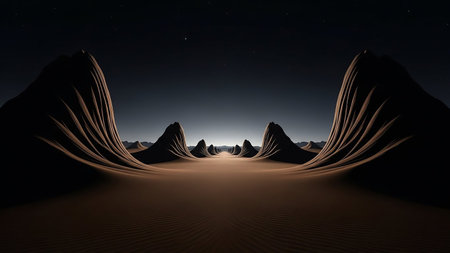 A surreal, symmetrical desert landscape unfolds with towering, sculpted rock formations leading the eye to a vanishing point on the horizon.の素材