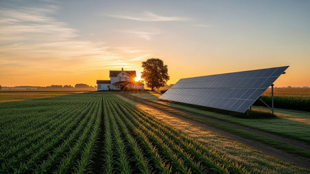 Solar panels are positioned in a lush green field next to a farmhouse, bathed in the warm light of a sunrise.の素材