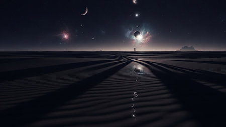 A surreal desert scene at night with planets, nebulae, and stars in the sky, and a reflection in a pool of water on the rippled sand.の素材