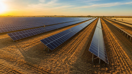 A vast solar farm stretches across a dry, harvested field at sunset, with rows of solar panels reflecting the warm golden light of the setting sun.の素材