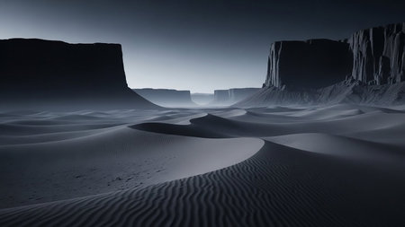 A surreal desert landscape with smooth, undulating sand dunes leading towards towering, dark cliff formations under a hazy twilight sky.の素材