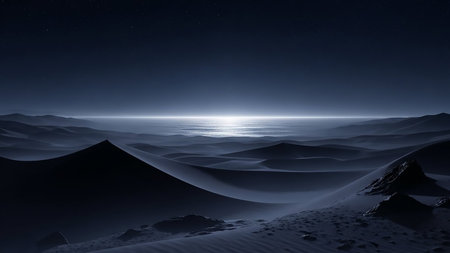 Surreal desert dunes stretch towards a glowing ocean horizon under a dark blue night sky filled with stars.の素材