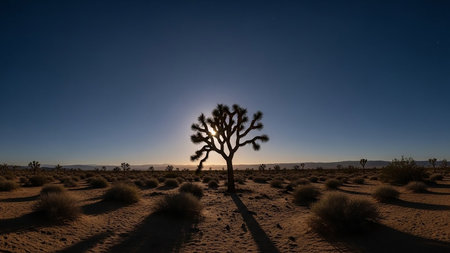 A lone Joshua tree stands silhouetted against a clear blue sky at sunset, with sunbeams piercing its branches and casting long shadows on the sandy desert floor.の素材