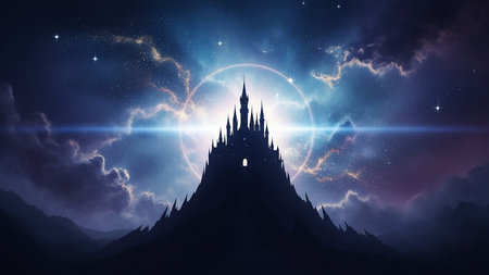 A dark, silhouetted castle stands on a mountain peak beneath a swirling, star-filled night sky with a luminous ring and colorful nebula.の素材