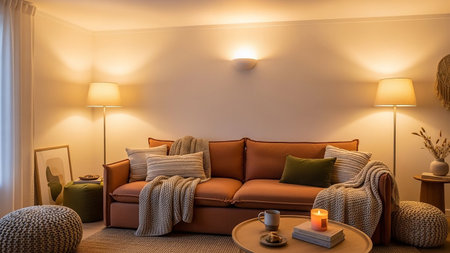 A warm living room with an orange sofa, knitted throws, ambient lighting, and decorative elements creating a cozy atmosphere.の素材
