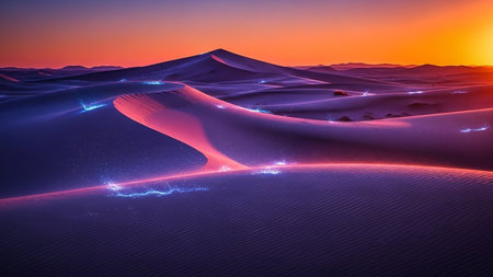 Ethereal desert dunes are illuminated by vibrant neon blue and pink light, creating a surreal and magical landscape at twilight.の素材