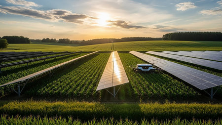 Expansive solar farm in a vibrant green field of crops at sunset, with a robotic mower tending to the plants under a warm, golden sky.の素材