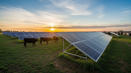 A solar energy farm with rows of photovoltaic panels set in a lush green field where cows are grazing peacefully under a warm sunset sky.の素材